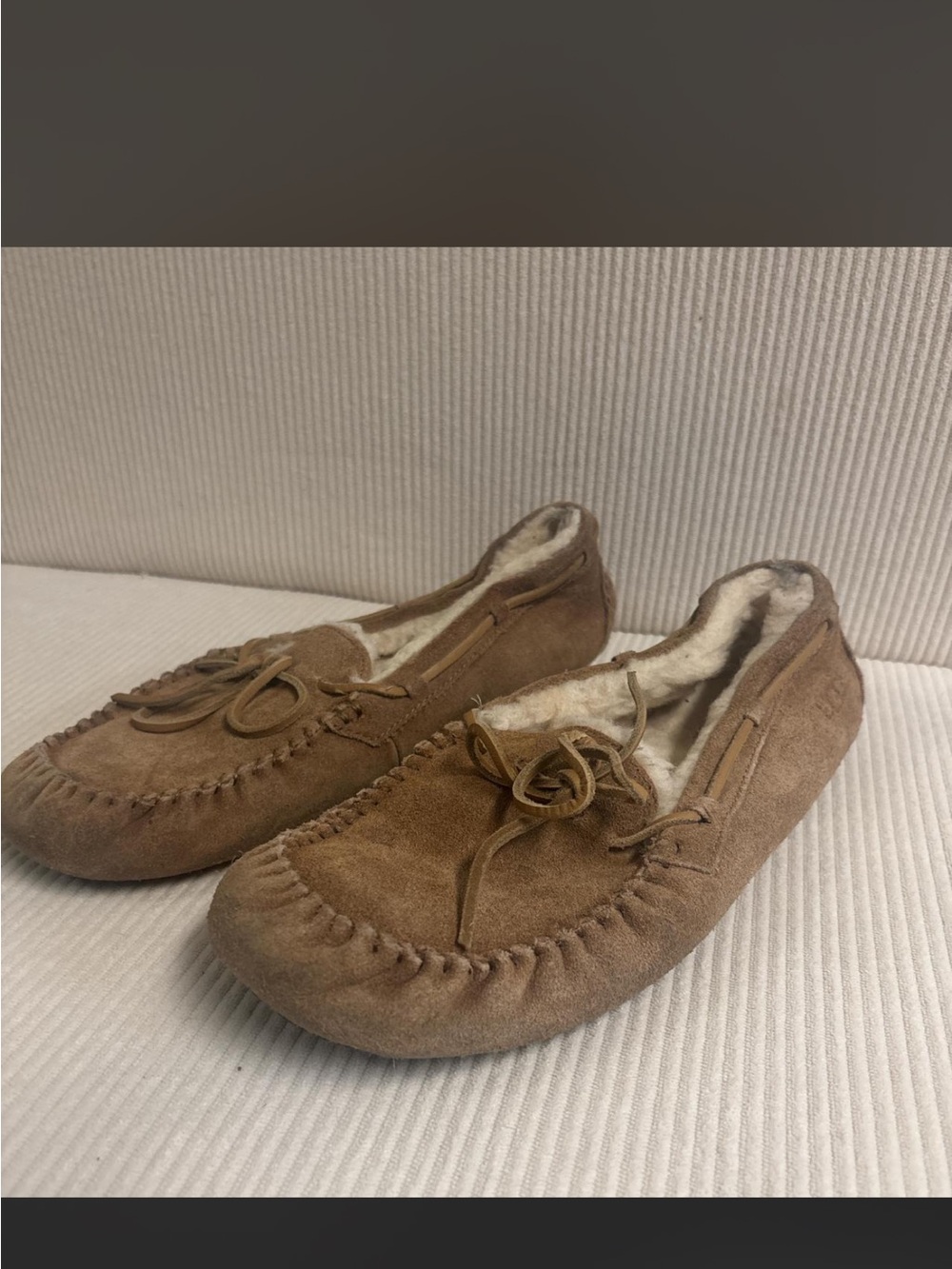 UGG Chestnut Suede Moccasin Slippers with Shearling Lining